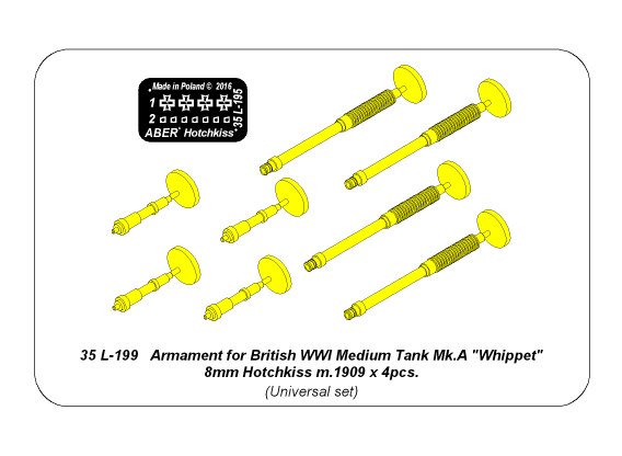 ABR-35-L-199  Дополнения для  Armament for British WWI Medium Tank Mk.A Whippet 8mm Hotchkiss m.1909 x 4pcs. универсальный набор 1/35